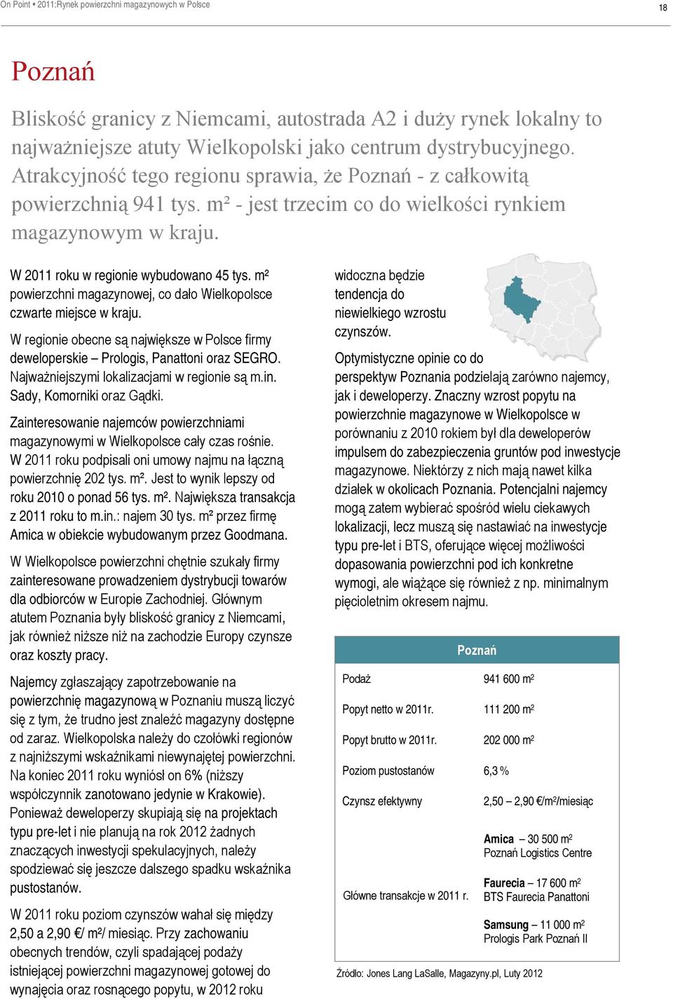 m² powierzchni magazynowej, co dało Wielkopolsce czwarte miejsce w kraju. W regionie obecne są największe w Polsce firmy deweloperskie Prologis, Panattoni oraz SEGRO.