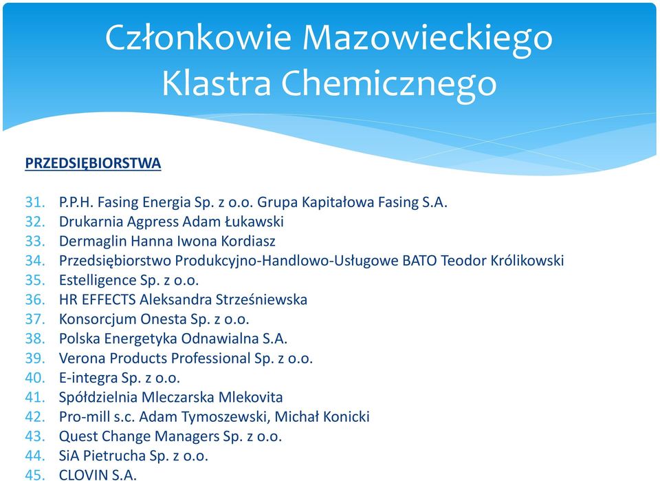 z o.o. 36. HR EFFECTS Aleksandra Strześniewska 37. Konsorcjum Onesta Sp. z o.o. 38. Polska Energetyka Odnawialna S.A. 39. Verona Products Professional Sp. z o.o. 40.
