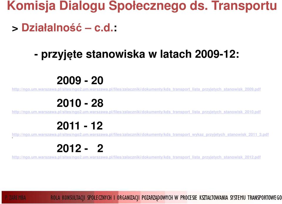 pdf 2011-12 http://ngo.um.warszawa.pl/sites/ngo2.um.warszawa.pl/files/zalaczniki/dokumenty/kds_transport_wykaz_przyjetych_stanowisk_2011_3.pdf ` 2012-2 http://ngo.