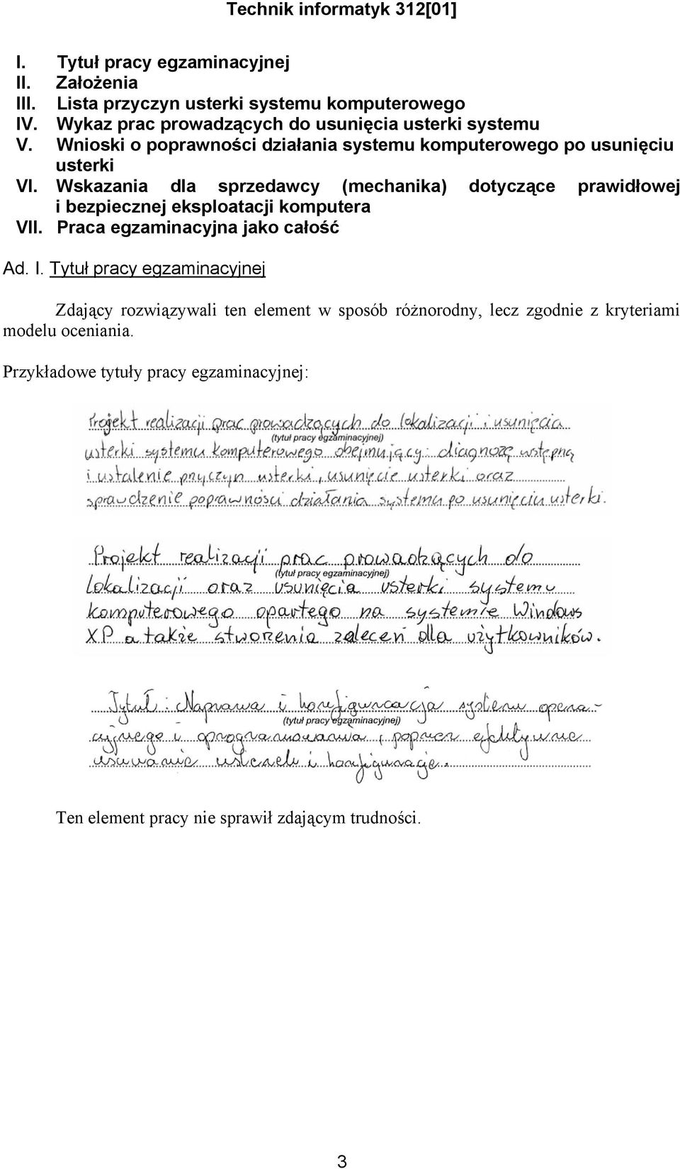 Wskazania dla sprzedawcy (mechanika) dotyczące prawidłowej i bezpiecznej eksploatacji komputera VII. Praca egzaminacyjna jako całość Ad. I.