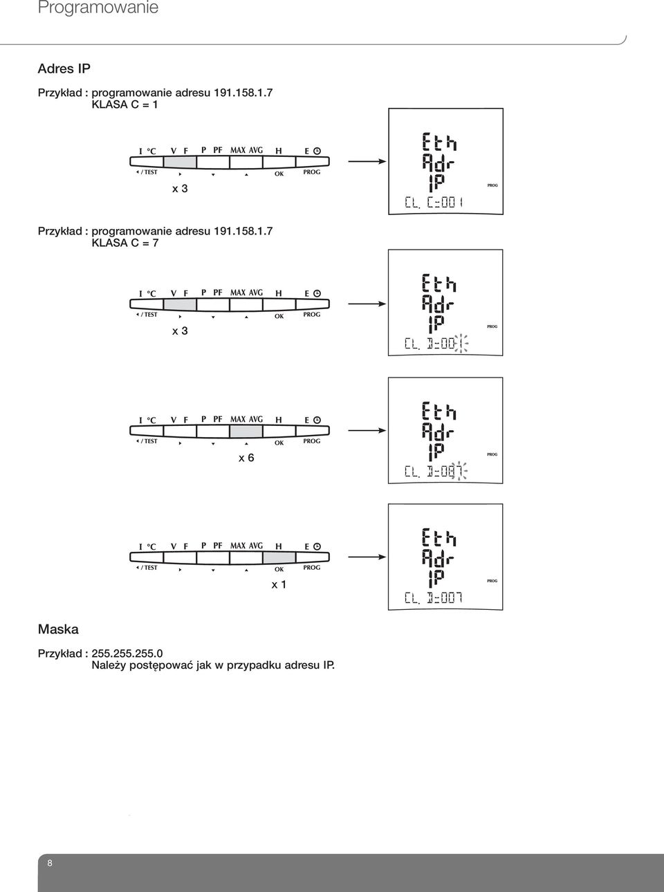 1.158.1.7 KLASA C = 1 x 3 Przykład : programowanie 1.158.1.7 KLASA C = 7 x 3 x 6 Maska Przykład : 255.