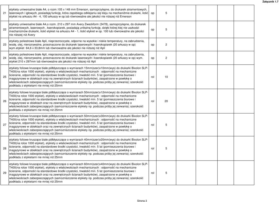 100 arkuszy w op.lub równoważne ale jakości nie niższej niż Emerson 22 23 24 25 26 27 28 29 etykiety uniwersalne białe A4,o rozm.