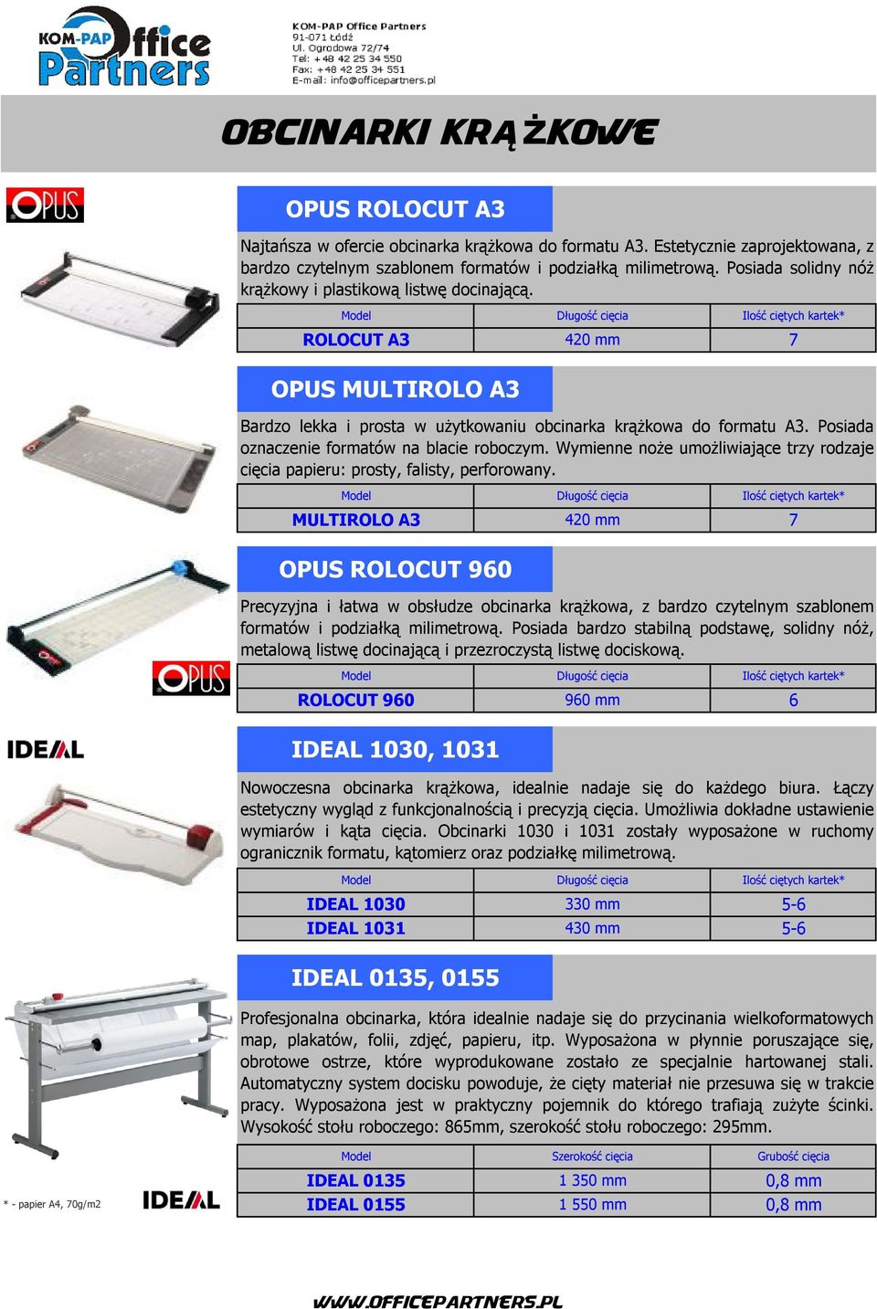 Posiada oznaczenie formatów na blacie roboczym. Wymienne noże umożliwiające trzy rodzaje cięcia papieru: prosty, falisty, perforowany.