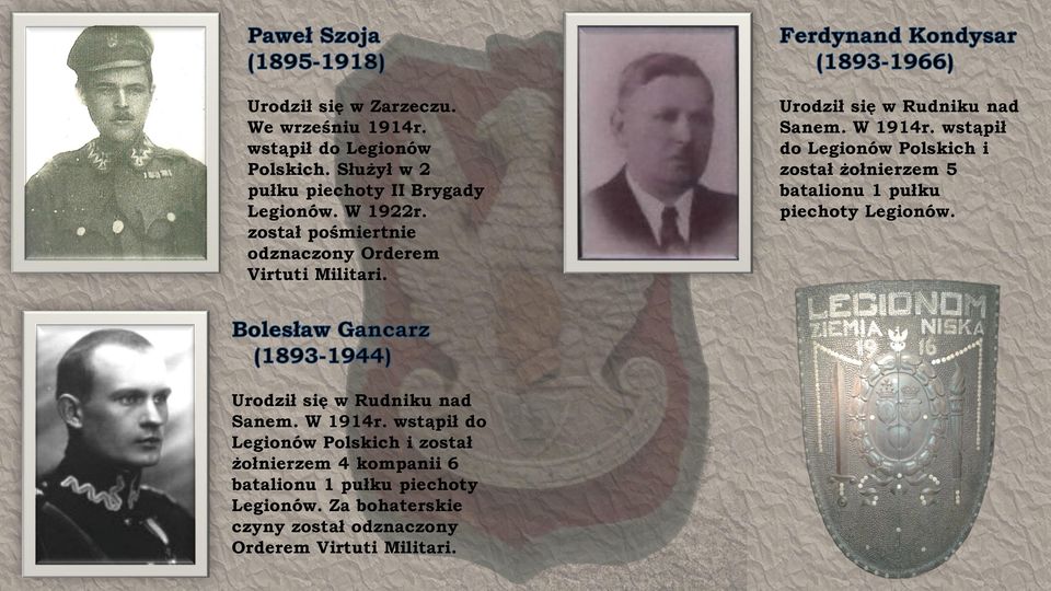 wstąpił do Legionów Polskich i został żołnierzem 5 batalionu 1 pułku piechoty Legionów. Urodził się w Rudniku nad Sanem. W 1914r.