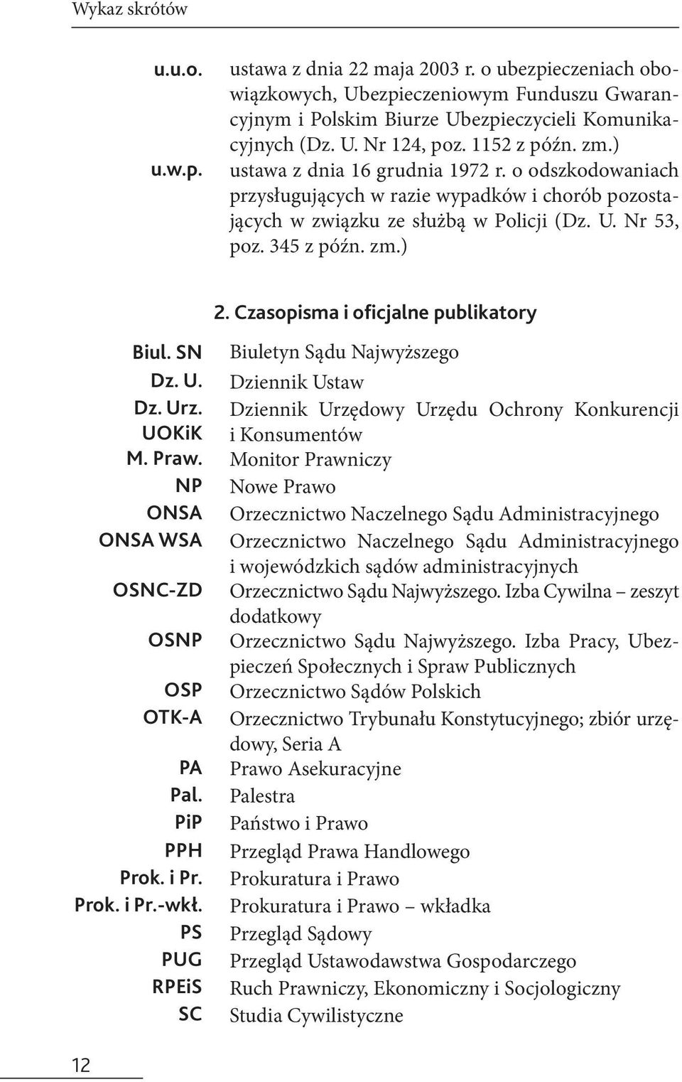 Czasopisma i oficjalne publikatory Biul. SN Biuletyn Sądu Najwyższego Dz. U. Dziennik Ustaw Dz. Urz. UOKiK Dziennik Urzędowy Urzędu Ochrony Konkurencji i Konsumentów M. Praw.