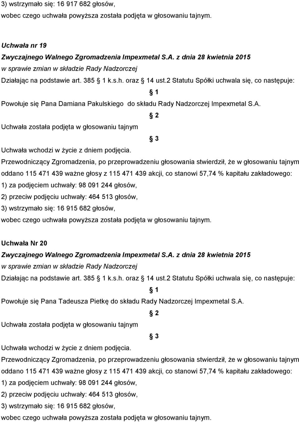 Uchwała została podjęta w głosowaniu tajnym 1) za podjęciem uchwały: 98 091 244 głosów, 2) przeciw podjęciu uchwały: 464 513 głosów, 3) wstrzymało się: 16 915 682 głosów, Uchwała Nr 20 w