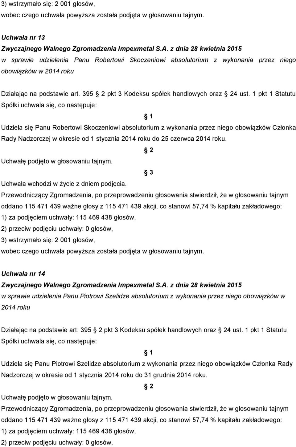 1 pkt 1 Statutu Udziela się Panu Robertowi Skoczeniowi absolutorium z wykonania przez niego obowiązków Członka Rady Nadzorczej w okresie od 1 stycznia 2014 roku do 25 czerwca 2014 roku.