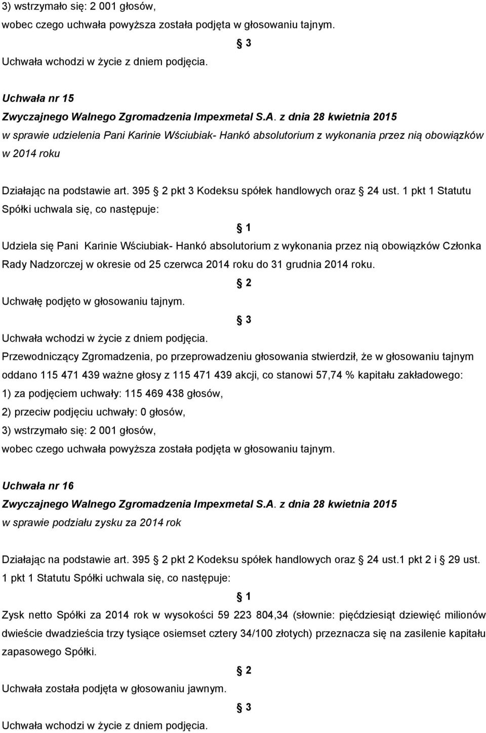 1 pkt 1 Statutu Udziela się Pani Karinie Wściubiak- Hankó absolutorium z wykonania przez nią obowiązków Członka Rady Nadzorczej w okresie od 25 czerwca 2014 roku do 31 grudnia 2014 roku.