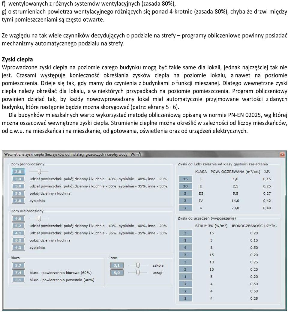 Zyski ciepła Wprowadzone zyski ciepła na poziomie całego budynku mogą być takie same dla lokali, jednak najczęściej tak nie jest.