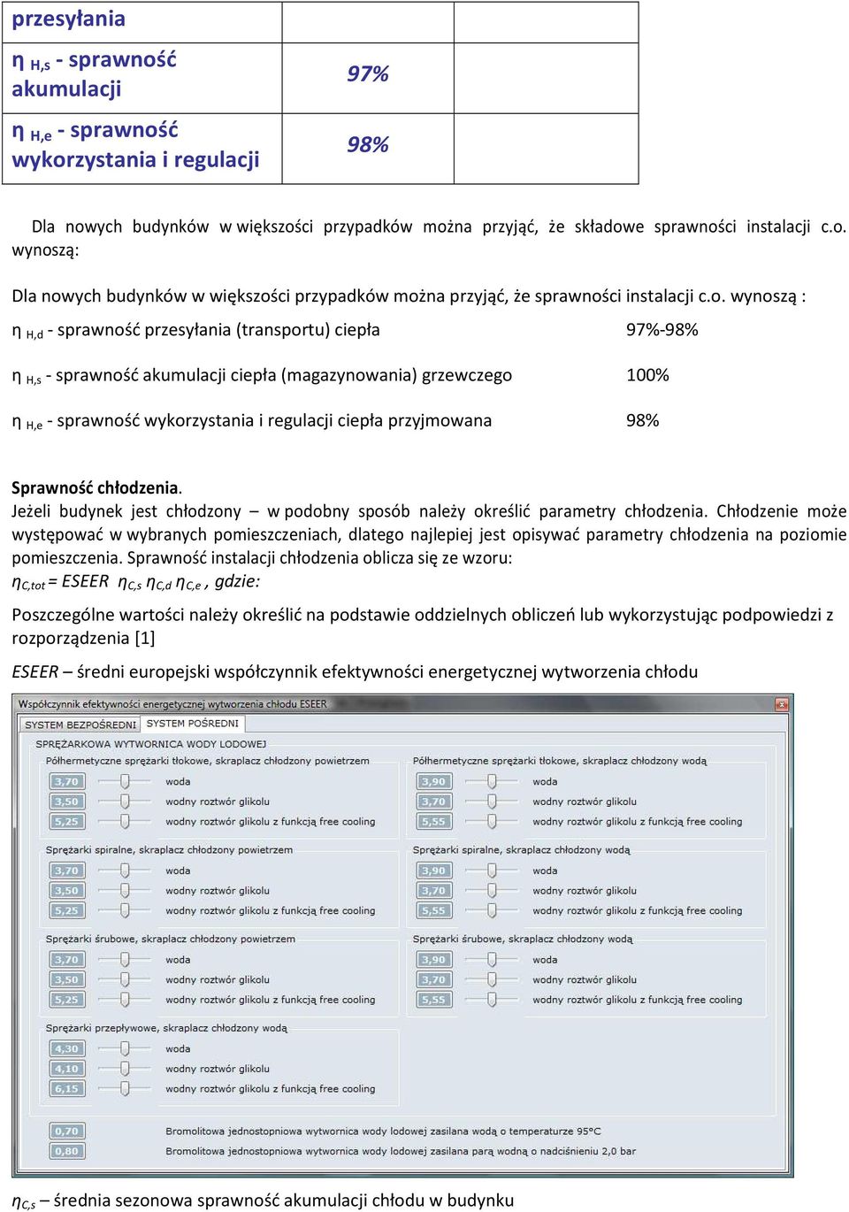 przyjmowana 98% Sprawność chłodzenia. Jeżeli budynek jest chłodzony w podobny sposób należy określić parametry chłodzenia.