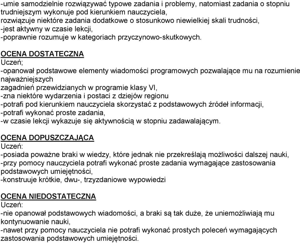 OCENA DOSTATECZNA Uczeń; -opanował podstawowe elementy wiadomości programowych pozwalające mu na rozumienie najważniejszych zagadnień przewidzianych w programie klasy VI, -zna niektóre wydarzenia i