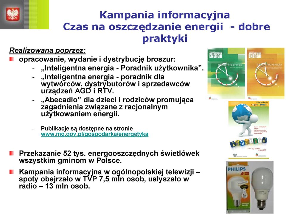 - Abecadło dla dzieci i rodziców promująca zagadnienia związane z racjonalnym użytkowaniem energii. - Publikacje są dostępne na stronie www.mg.gov.