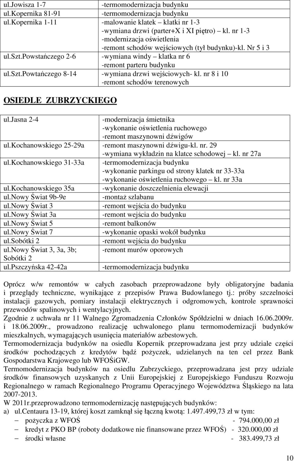 nr 8 i 10 -remont schodów terenowych OSIEDLE ZUBRZYCKIEGO ul.jasna 2-4 -modernizacja śmietnika -wykonanie oświetlenia ruchowego -remont maszynowni dźwigów ul.