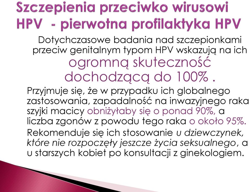 Przyjmuje się, że w przypadku ich globalnego zastosowania, zapadalność na inwazyjnego raka szyjki macicy