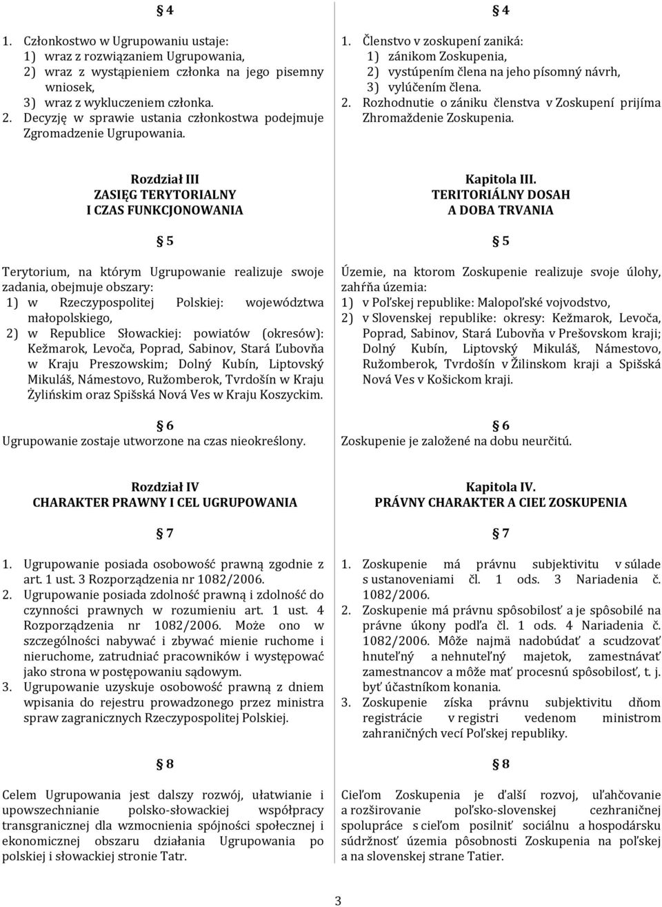 Rozdział III ZASIĘG TERYTORIALNY I CZAS FUNKCJONOWANIA 5 Terytorium, na którym Ugrupowanie realizuje swoje zadania, obejmuje obszary: 1) w Rzeczypospolitej Polskiej: województwa małopolskiego, 2) w