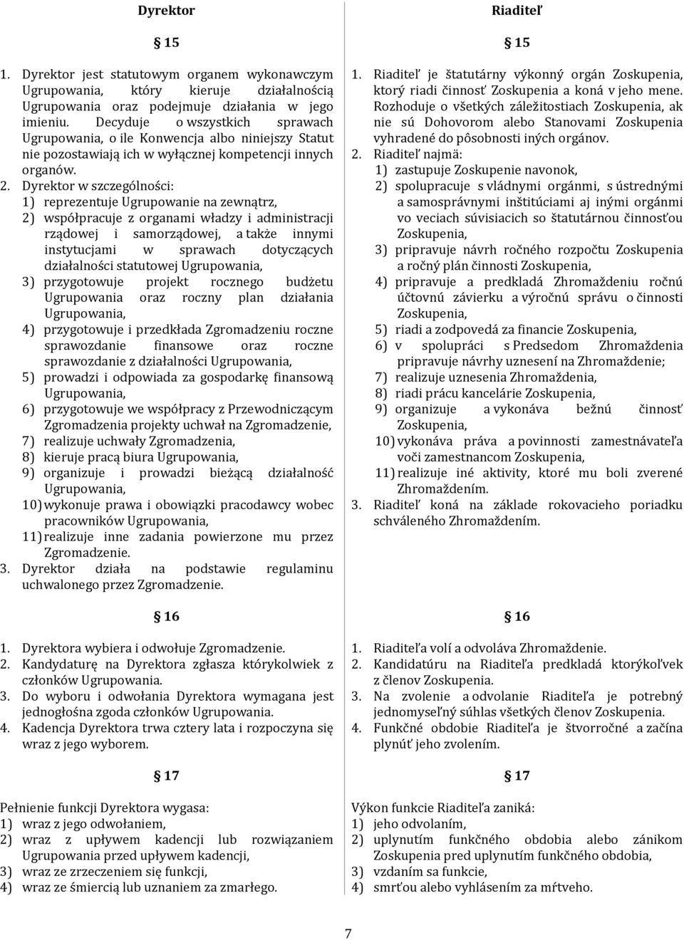 Dyrektor w szczególności: 1) reprezentuje Ugrupowanie na zewnątrz, 2) współpracuje z organami władzy i administracji rządowej i samorządowej, a także innymi instytucjami w sprawach dotyczących