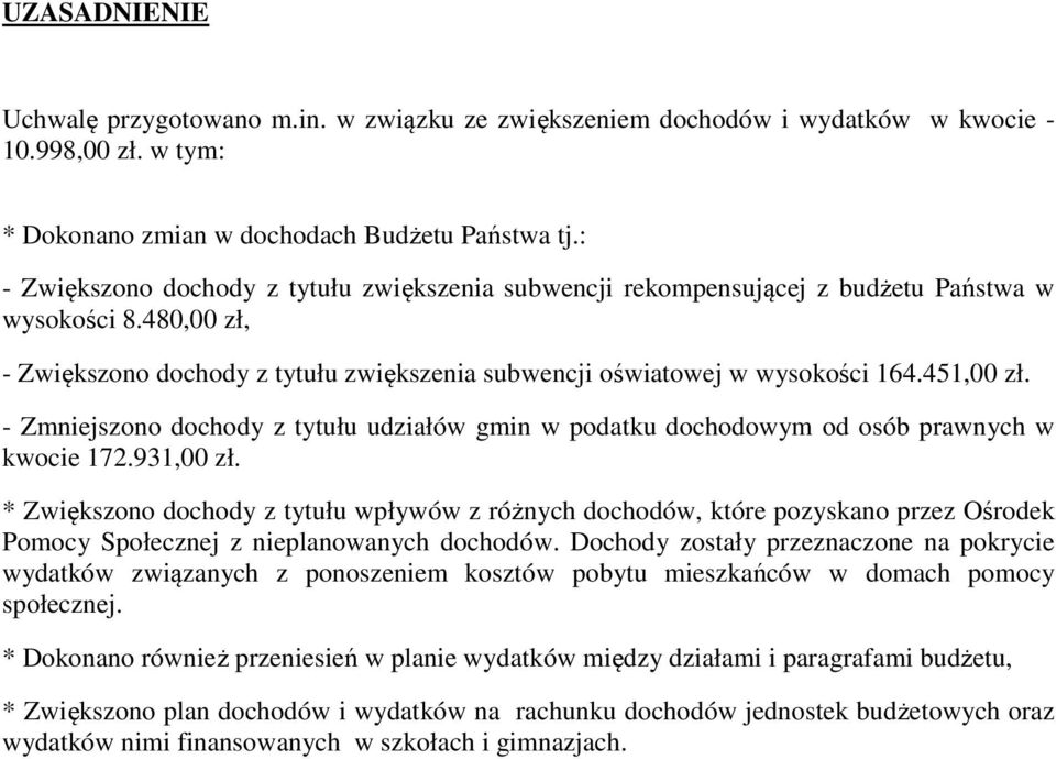 451,00 zł. - Zmniejszono dochody z tytułu udziałów gmin w podatku dochodowym od osób prawnych w kwocie 172.931,00 zł.