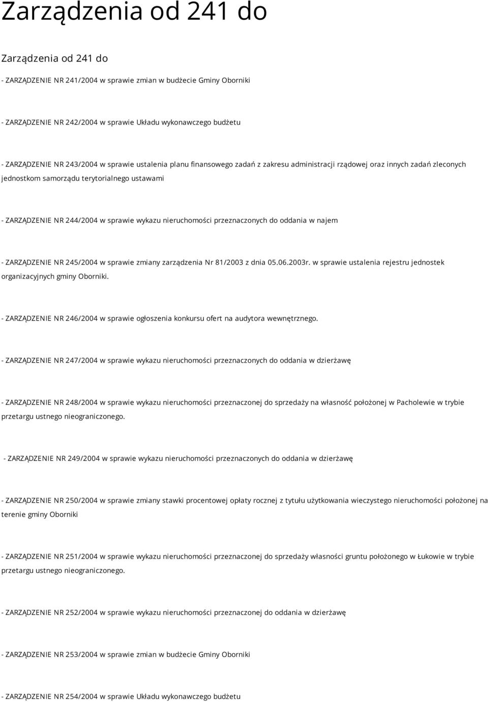 wykazu nieruchomości przeznaczonych do oddania w najem - ZARZĄDZENIE NR 245/2004 w sprawie zmiany zarządzenia Nr 81/2003 z dnia 05.06.2003r.