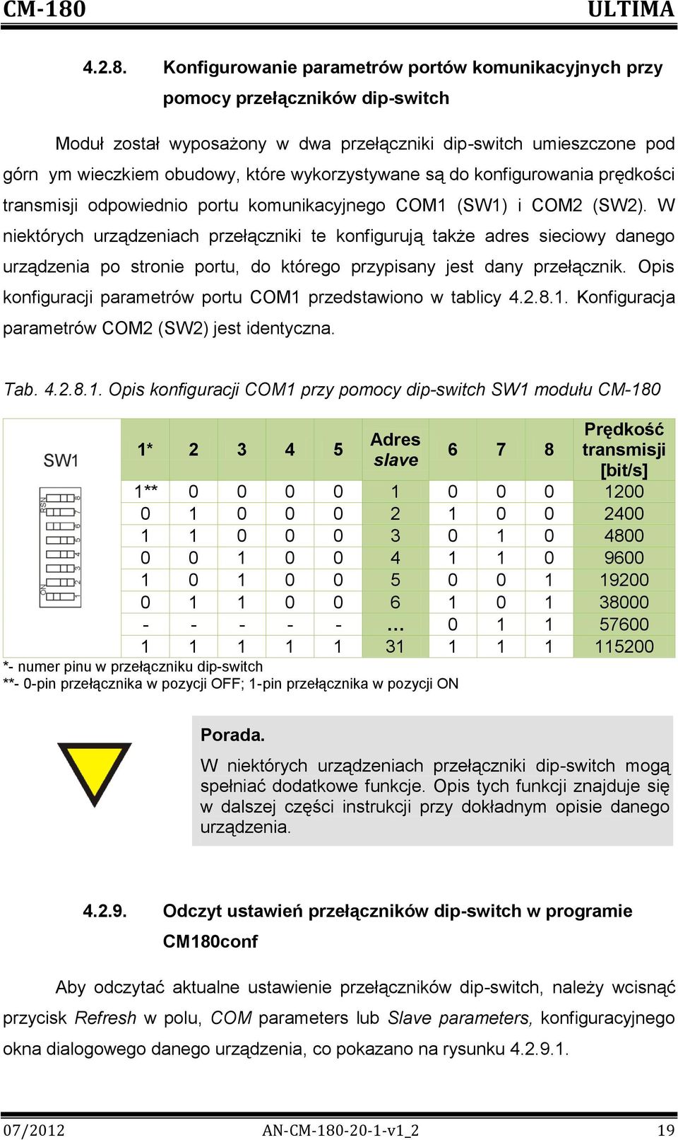 wykorzystywane są do konfigurowania prędkości transmisji odpowiednio portu komunikacyjnego COM1 (SW1) i COM2 (SW2).