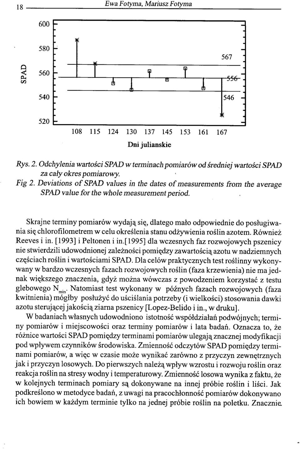 Skrajne terminy pomiar6w wydaj<t sit(, dlatego malo odpowiednie do poslugiwania sit( chlorofilometrem w celu okreslenia stanu odzywienia roslin azotem. R6wniez Reeves i in. [1993] i Peltonen i in.