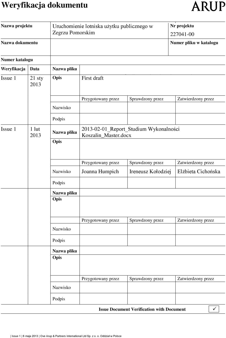 docx Nazwisko Podpis Przygotowany przez Sprawdzony przez Zatwierdzony przez Issue 1 1 lut 2013 Nazwa pliku Opis 2013-02-01_Report_Studium Wykonalności Koszalin_Master.