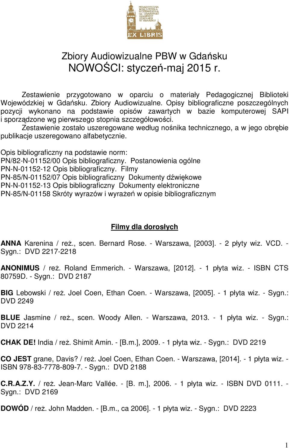 Zestawienie zostało uszeregowane według nośnika technicznego, a w jego obrębie publikacje uszeregowano alfabetycznie. Opis bibliograficzny na podstawie norm: PN/82-N-01152/00 Opis bibliograficzny.