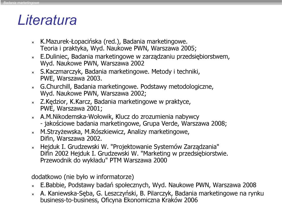 Kędzior, K.Karcz, Badania marketingowe w praktyce, PWE, Warszawa 2001; A.M.Nikodemska-Wołowik, Klucz do zrozumienia nabywcy -jakościowe badania marketingowe, Grupa Verde, Warszawa 2008; M.