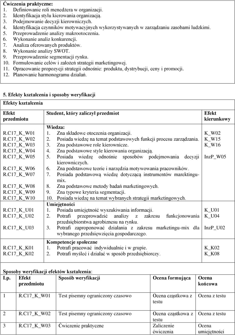 Wykonanie analiy SWOT. 9. Preprowadenie segmentacji rynku.. Formułowanie celów i ałożeń strategii marketingowej. 11. Opracowanie propoycji strategii odnośnie: produktu, dystrybucji, ceny i promocji.