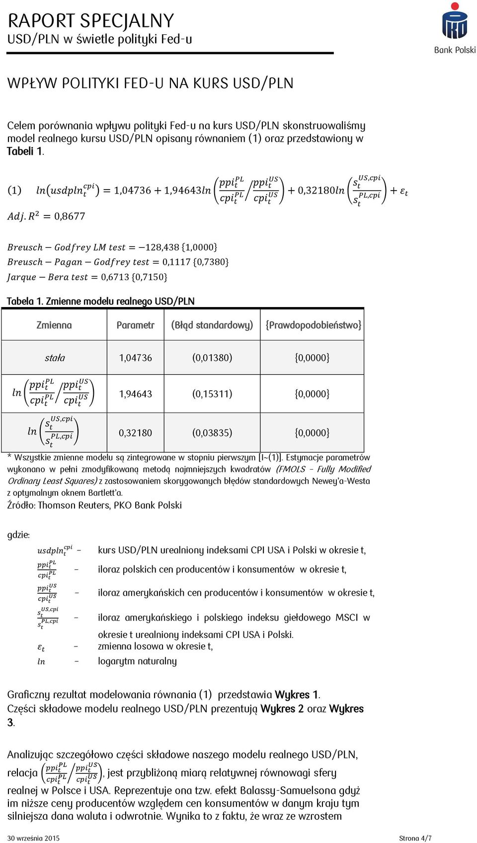 Zmienne modelu realnego USD/PLN Zmienna Parametr (Błąd standardowy) {Prawdopodobieństwo} stała 1,04736 (0,01380) {0,0000} ( ) 1,94643 (0,15311) {0,0000} ( ) 0,32180 (0,03835) {0,0000} * Wszystkie
