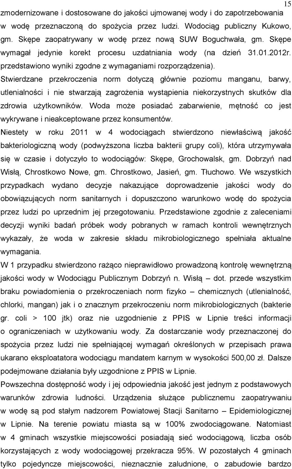 Stwierdzane przekroczenia norm dotyczą głównie poziomu manganu, barwy, utlenialności i nie stwarzają zagrożenia wystąpienia niekorzystnych skutków dla zdrowia użytkowników.