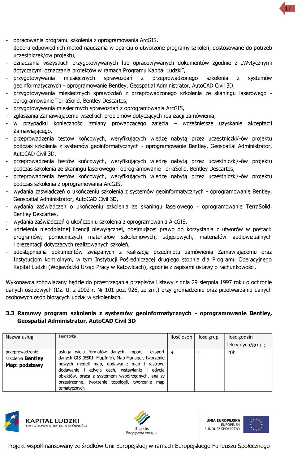 przeprowadzonego szkolenia z systemów geoinformatycznych - oprogramowanie Bentley, Geospatial Administrator, AutoCAD Civil 3D, - przygotowywania miesięcznych sprawozdań z przeprowadzonego szkolenia
