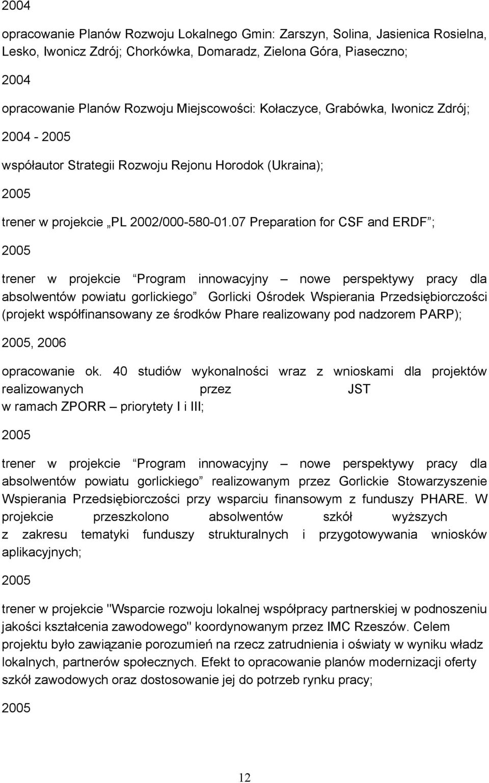 07 Preparation for CSF and ERDF ; 2005 trener w projekcie Program innowacyjny nowe perspektywy pracy dla absolwentów powiatu gorlickiego Gorlicki Ośrodek Wspierania Przedsiębiorczości (projekt