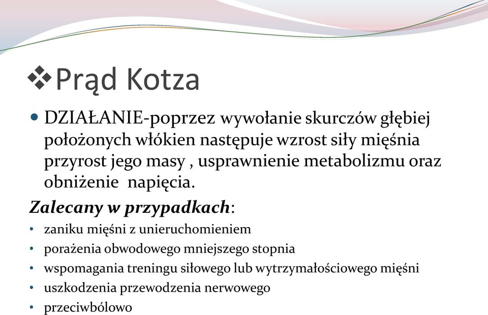 Zalecany w przypadkach: zaniku mięśni z unieruchomieniem porażenia obwodowego mniejszego