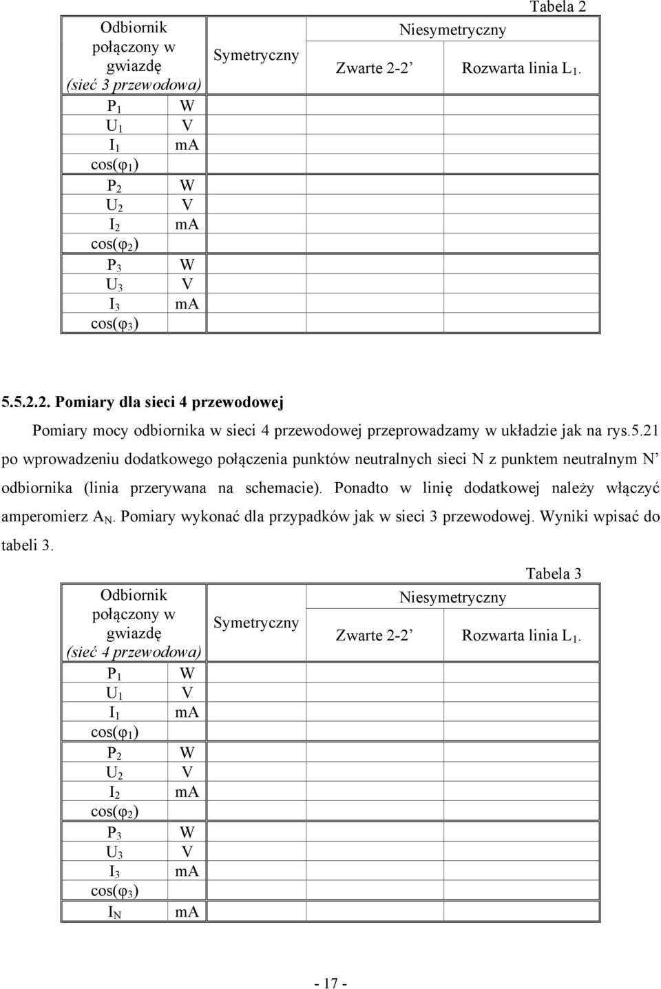 Ponadto w linię dodatkowej należy włączyć amperomierz A N. Pomiary wykonać dla przypadków jak w sieci 3 przewodowej. Wyniki wpisać do tabeli 3.