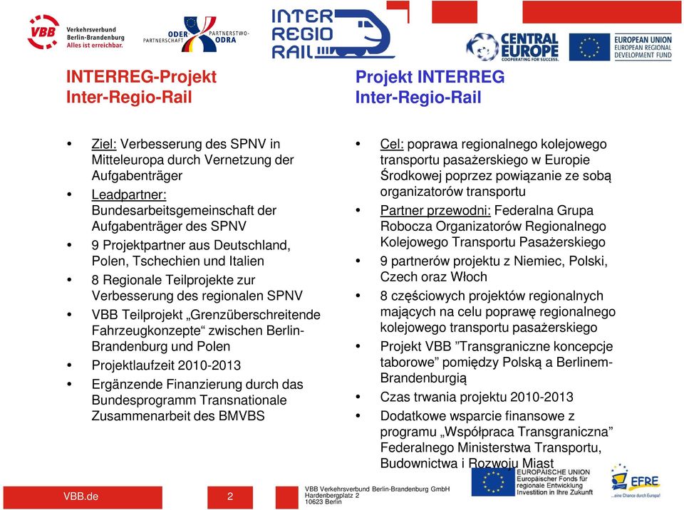 Fahrzeugkonzepte zwischen Berlin- Brandenburg und Polen Projektlaufzeit 2010-2013 Ergänzende Finanzierung durch das Bundesprogramm Transnationale Zusammenarbeit des BMVBS Cel: poprawa regionalnego