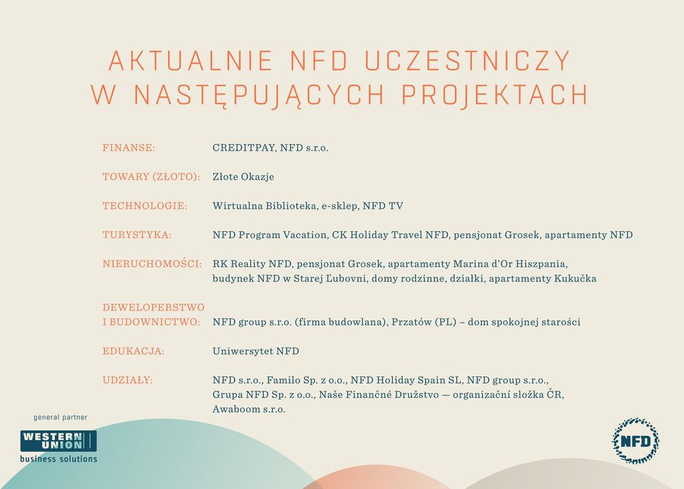 towary (złoto): Złote Okazje technologie: Wirtualna Biblioteka, e-sklep, NFD TV turystyka: NFD Program Vacation, CK Holiday Travel NFD, pensjonat Grosek, apartamenty NFD