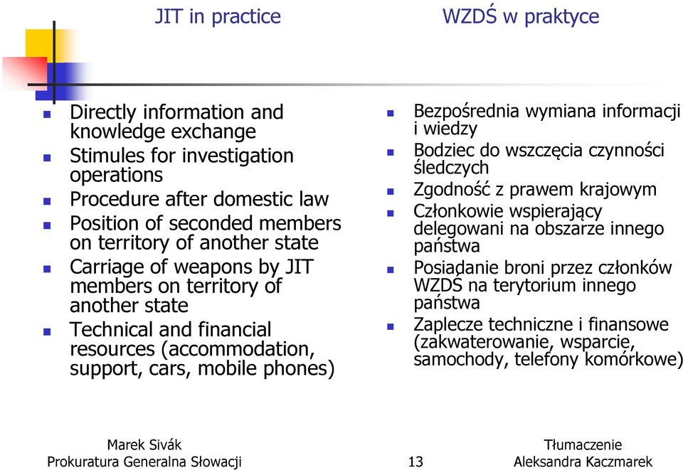 Bezpośrednia wymiana informacji i wiedzy Bodziec do wszczęcia czynności śledczych Zgodność z prawem krajowym Członkowie wspierający delegowani na obszarze innego państwa
