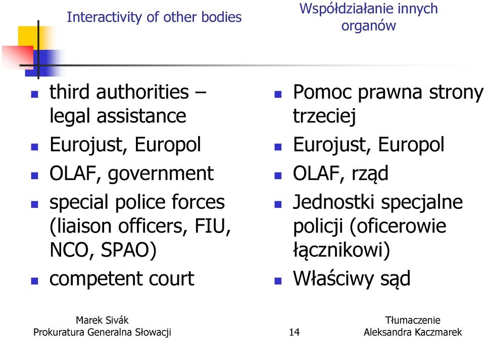 FIU, NCO, SPAO) competent court Pomoc prawna strony trzeciej Eurojust, Europol OLAF, rząd