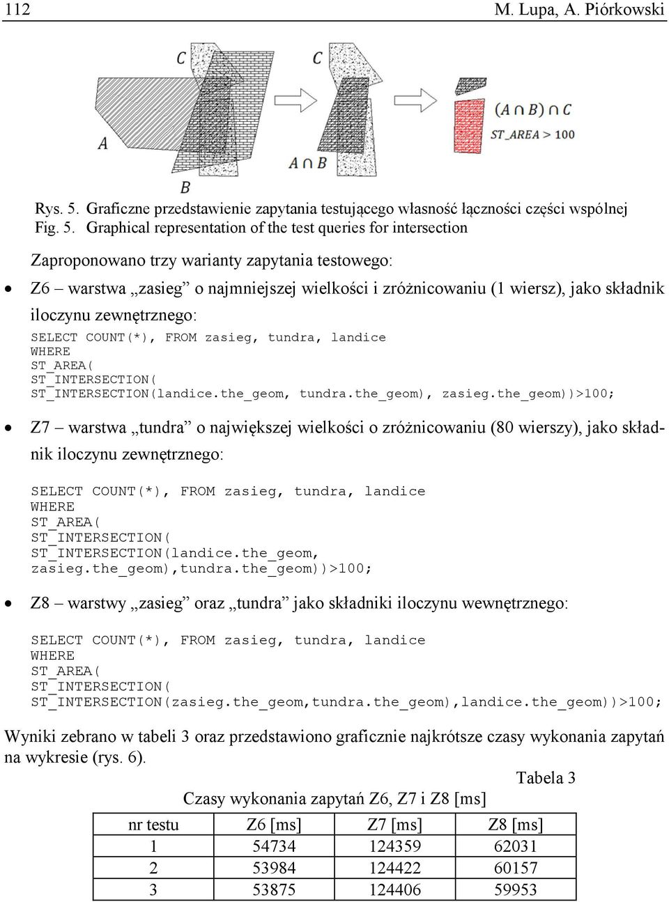 Graphical representation of the test queries for intersection Zaproponowano trzy warianty zapytania testowego: Z6 warstwa zasieg o najmniejszej wielkości i zróżnicowaniu (1 wiersz), jako składnik