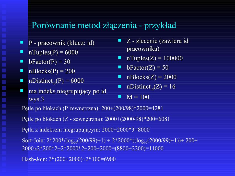 3 Z - zlecenie (zawiera id pracownika) ntuples(z) = 100000 bfactor(z) = 50 nblocks(z) = 2000 ndistinct id (Z) = 16 M = 100 Pętle po blokach (P