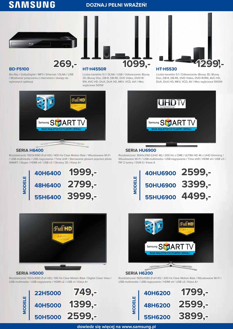 modele Rozdzielczość 1920x1080 (Full HD) / 400 Hz Clear Motion Rate / Wbudowane Wi-Fi / USB-multimedia / USB-nagrywanie / Time shift / Sterowanie głosem poprzez pilota SMART / Skype / HDMI x4 / USB