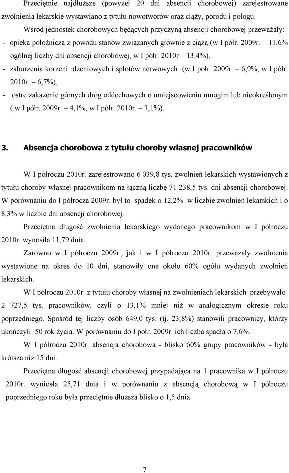 11,6% ogólnej liczby dni absencji chorobowej, w I półr. 2010r 13,4%), - zaburzenia korzeni rdzeniowych i splotów nerwowych (w I półr. 2009r. 6,9%, w I półr. 2010r. 6,7%), - ostre zakażenie górnych dróg oddechowych o umiejscowieniu mnogim lub nieokreślonym ( w I półr.