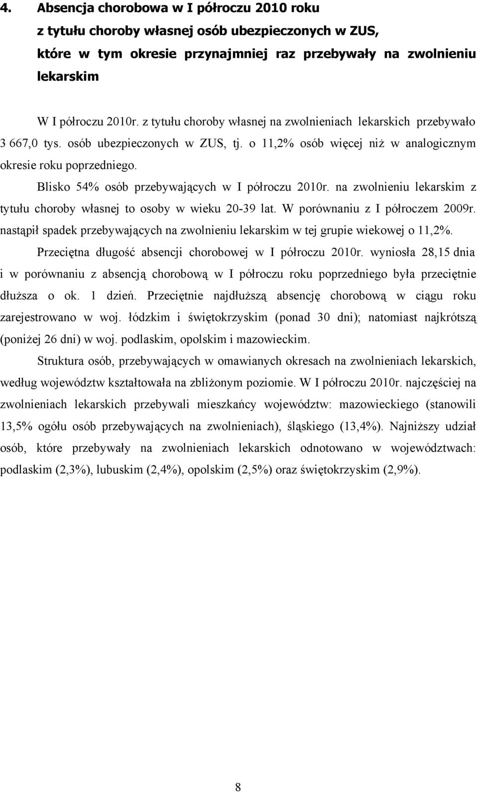 Blisko 54% osób przebywających w I półroczu 2010r. na zwolnieniu lekarskim z tytułu choroby własnej to osoby w wieku 20-39 lat. W porównaniu z I półroczem 2009r.