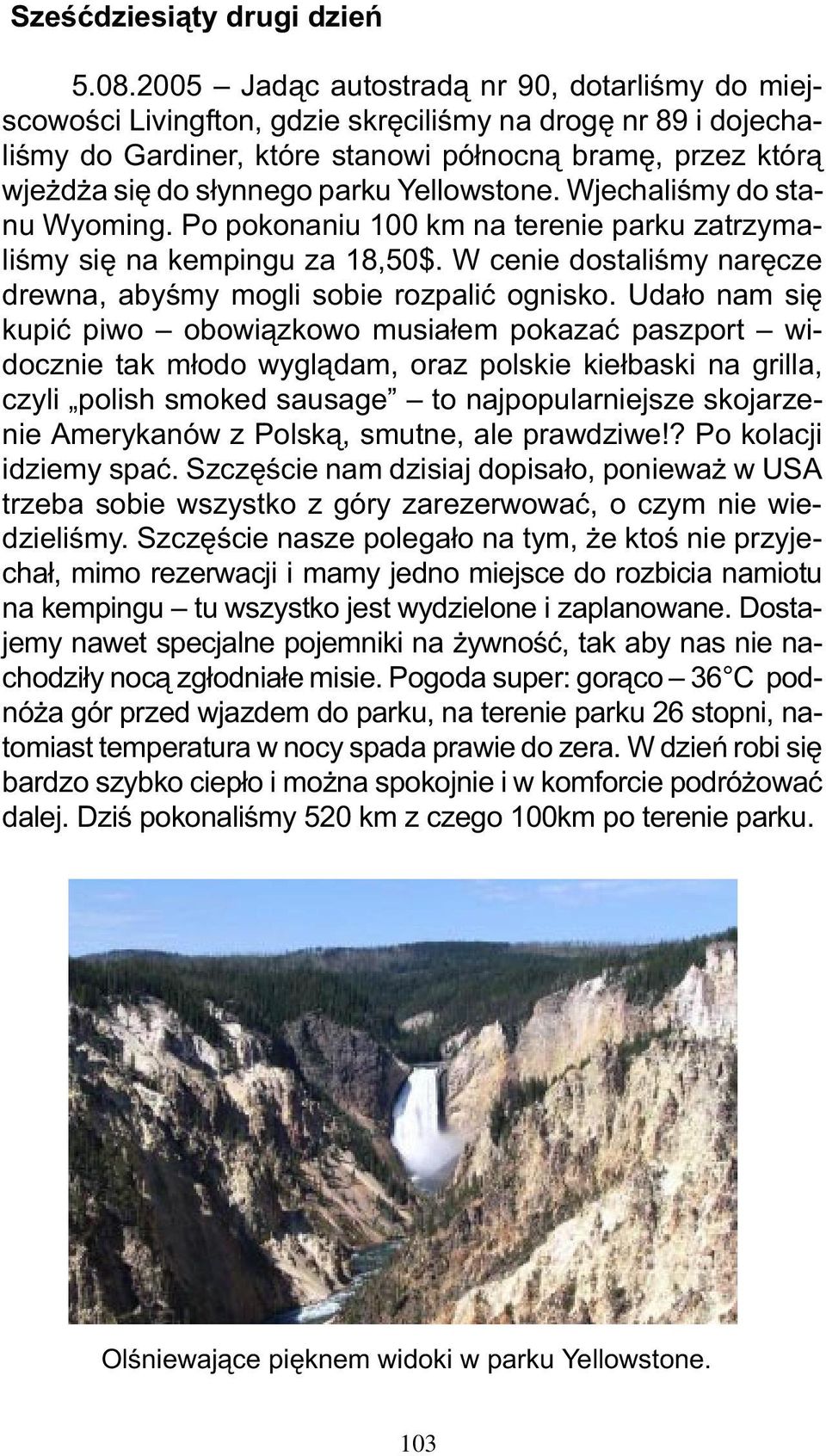 parku Yellowstone. Wjechaliœmy do stanu Wyoming. Po pokonaniu 100 km na terenie parku zatrzymaliœmy siê na kempingu za 18,50$. W cenie dostaliœmy narêcze drewna, abyœmy mogli sobie rozpaliæ ognisko.