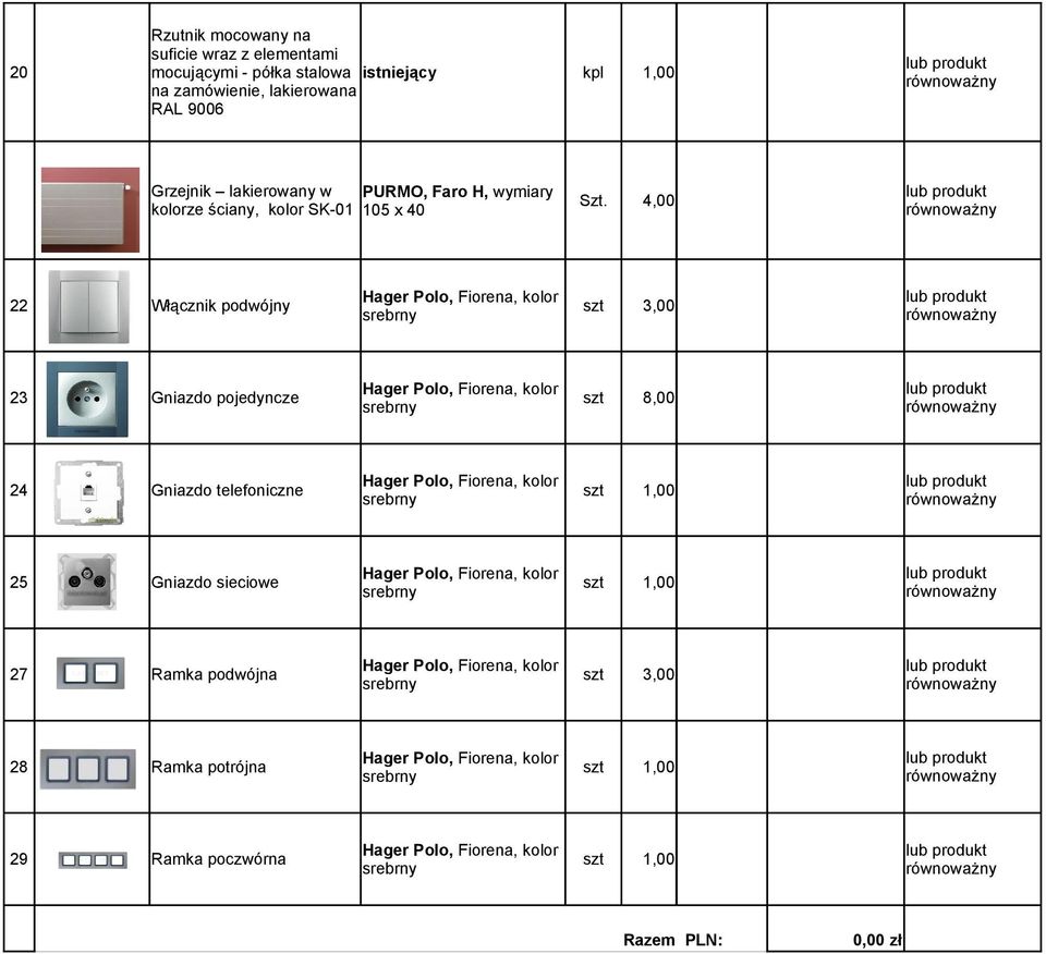 4,00 22 Włącznik podwójny szt 3,00 23 Gniazdo pojedyncze szt 8,00 24 Gniazdo telefoniczne szt 1,00 25 Gniazdo