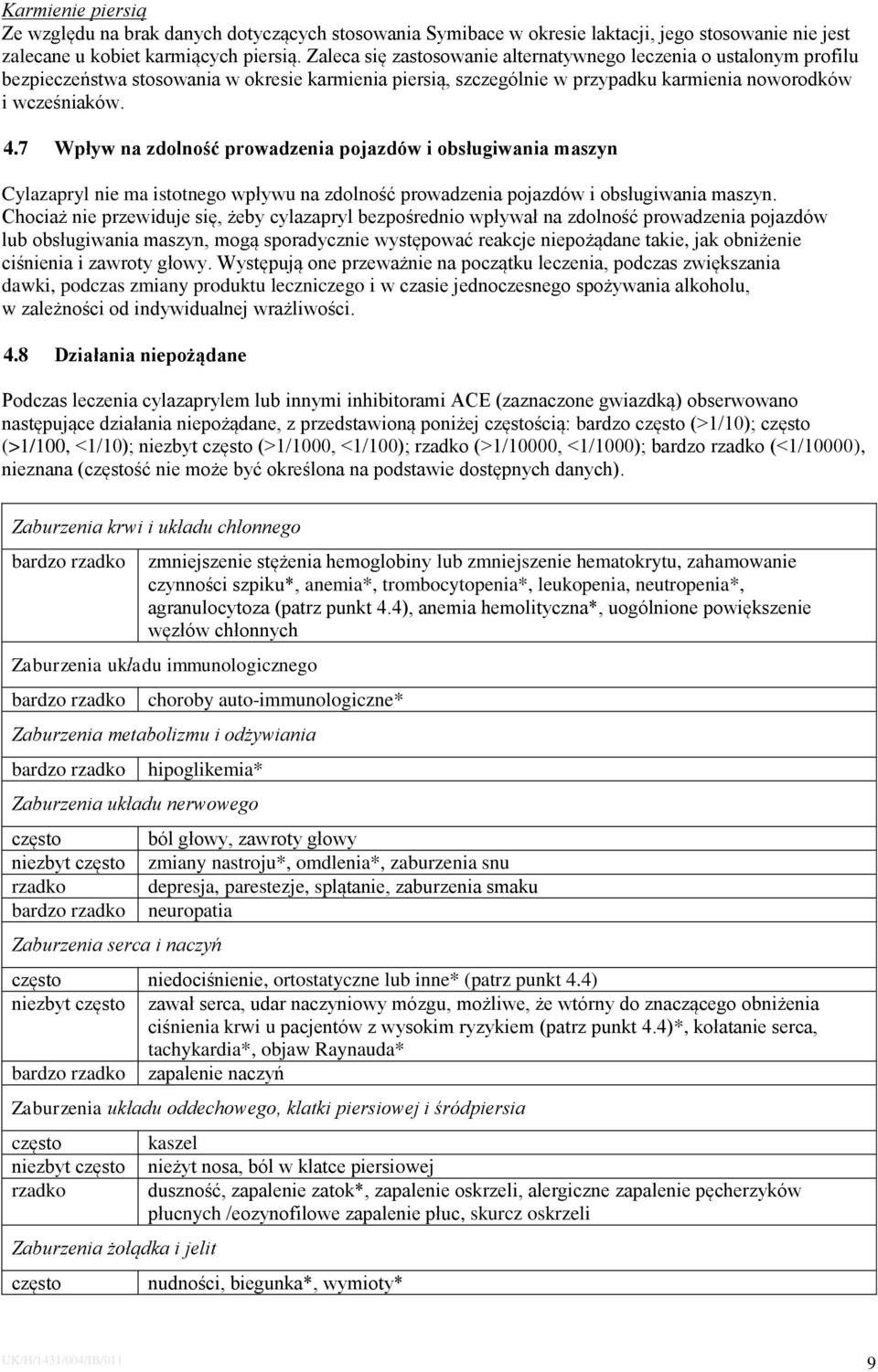 7 Wpływ na zdolność prowadzenia pojazdów i obsługiwania maszyn Cylazapryl nie ma istotnego wpływu na zdolność prowadzenia pojazdów i obsługiwania maszyn.