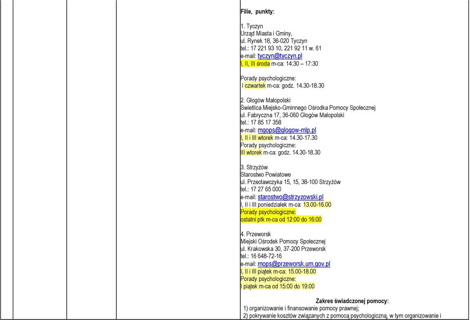 Fabryczna 17, 36-060 Głogów Małopolski tel.: 17 85 17 358 e-mail: mgops@glogow-mlp.pl I, II i III wtorek m-ca: 14.30-17.30 Porady psychologiczne: III wtorek m-ca: godz. 14.30-18.30 3.