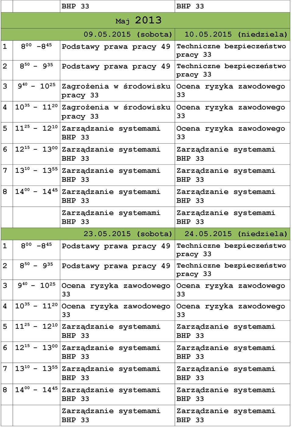 2015 (niedziela) 1 8 00-8 45 Podstawy prawa pracy 49 pracy 2 8 50-9 35 Podstawy prawa pracy 49 pracy 3 9 40-10 25 Zagrożenia w środowisku