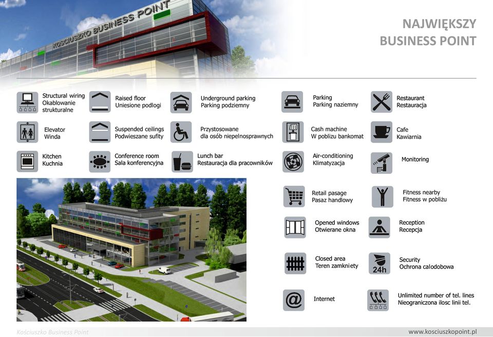 naziemny Cash machine W poblizu bankomat Restaurant Restauracja Cafe Kawiarnia Air-conditioning AirKlimatyzacja Monitoring Retail pasage Pasaz handlowy Fitness nearby Fitness