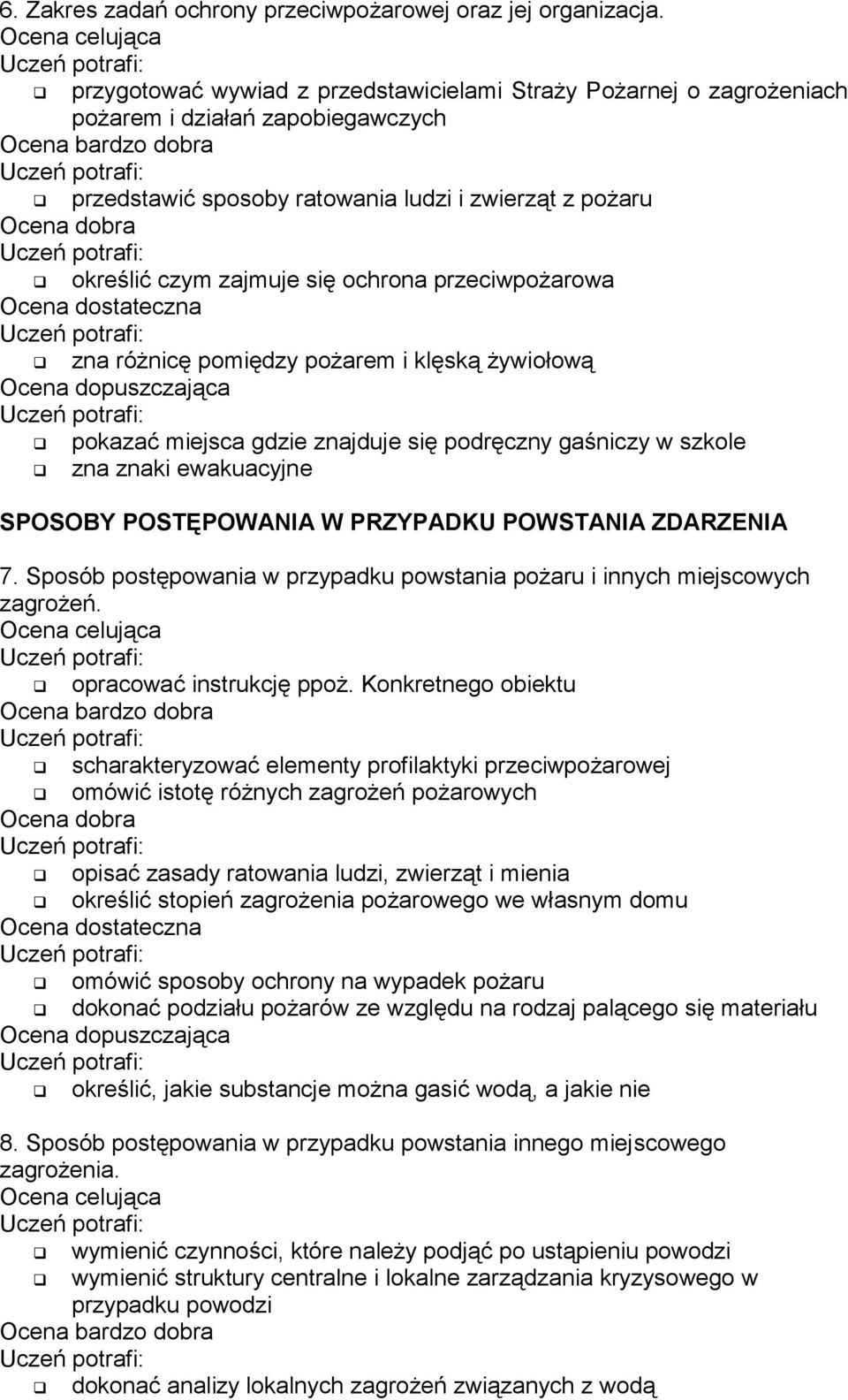 przeciwpożarowa zna różnicę pomiędzy pożarem i klęską żywiołową pokazać miejsca gdzie znajduje się podręczny gaśniczy w szkole zna znaki ewakuacyjne SPOSOBY POSTĘPOWANIA W PRZYPADKU POWSTANIA